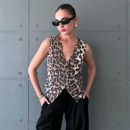 Women’s Leopard Print Cropped Vest – Sleeveless Waistcoat, Fashion Streetwear Short Jacket