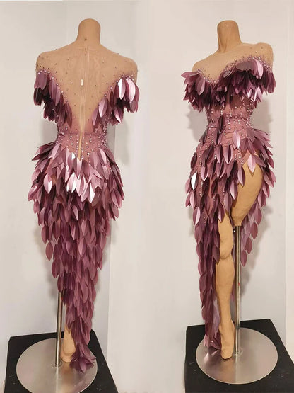 3D Gold Feather Rhinestone Split Dress - Evening Dance, Catwalk & Stage Performance Outfit