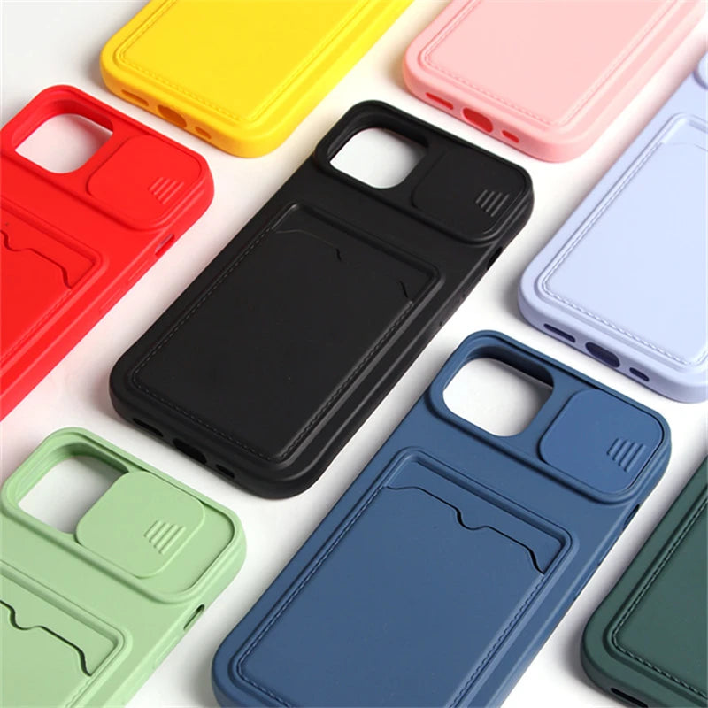 Slide Camera Protection Wallet Phone Case for iPhone – Soft Silicone Card Holder Cover for iPhone 16/15/14/13/12/11 Pro Max, XR, XS Max, 8 Plus Safety Case