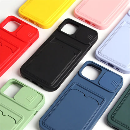 Slide Camera Protection Wallet Phone Case for iPhone – Soft Silicone Card Holder Cover for iPhone 16/15/14/13/12/11 Pro Max, XR, XS Max, 8 Plus Safety Case
