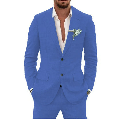 Men's Linen Suit Set - Slim Fit Notched Lapel 2 Piece Wedding & Beach Tuxedo Outfit For Summer Casual Formal Wear