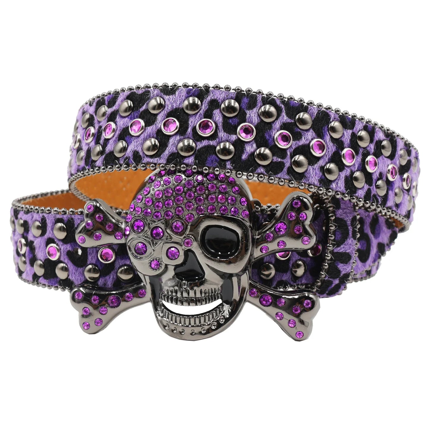 Women’s Rhinestone Skull Leather Belt – Luxury Designer Studded Strap for Jeans, White & Black