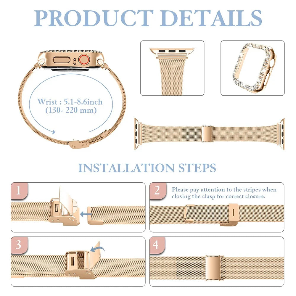 Diamond Case & Metal Strap for iWatch Ultra 2 – Stainless Steel Bracelet for Apple Watch Series 6-9 ( 45mm, 44mm, 40mm, 41mm )