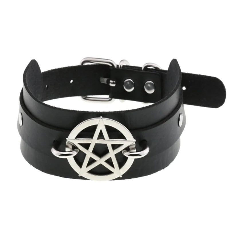 Harajuku Gothic Spike Rivet Star Choker Necklace – Black Bowknot PU Lace Leather Y2K Hip Hop Rock Jewelry for Girls