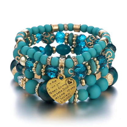 Bohemian Acrylic Beaded Bracelet Set – Solid Heart Charm Elastic Bangles for Women & Men, Retro Daily Wear Jewelry Gift