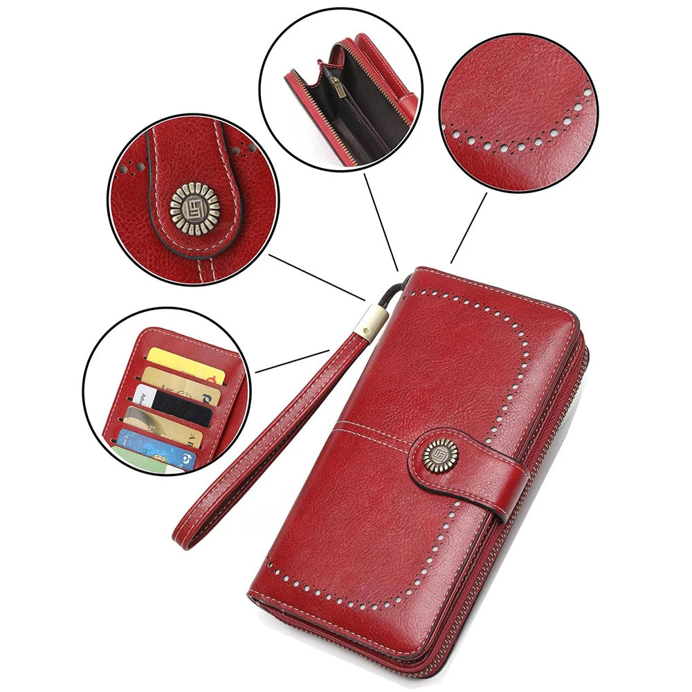 Vintage Large Capacity Women's Purse – Monochromatic Multi-Card Long Wallet with Zipper & Wrist Strap
