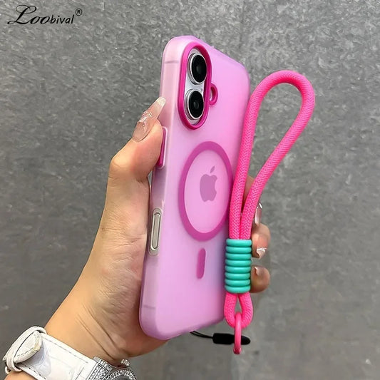 MagSafe Candy Color Lanyard Case - Matte Soft Cover with Hand Wrist Strap for iPhone 16 15 14 13 12 11 Pro Max Plus 16e