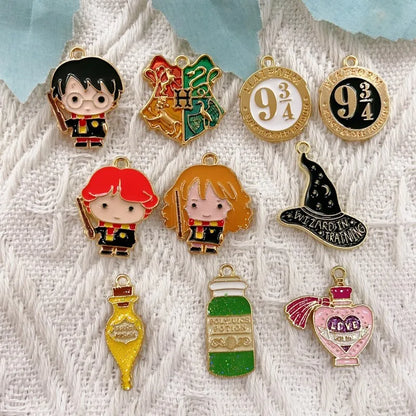 10-Piece Alloy Magic School Charms - Cartoon Pendant Accessories for DIY Keychains, Earrings, and Jewelry Making