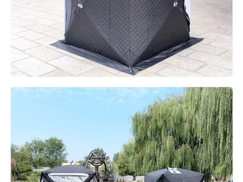 Outdoor 3-4 Person 4-Season Sauna House – Thickened Winter Ice Fishing Tent with Large Window & Chimney Mouth, Quick Open & Portable