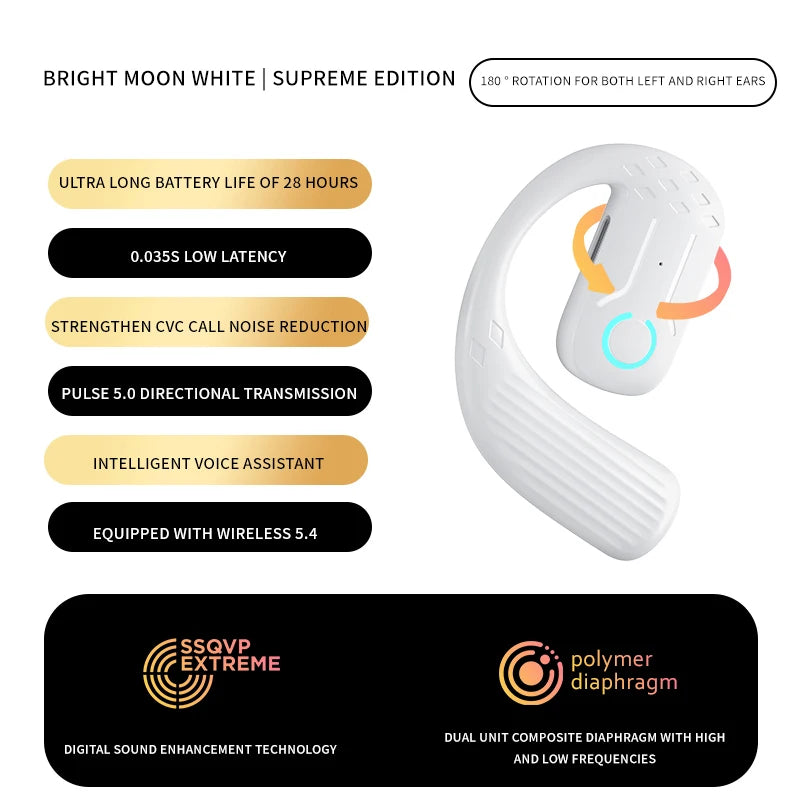 Open Wireless Bluetooth 5.4 Headset – 180° Rotatable Adjustable Ear-Hook Earphone with Mic for Sport, Business & Music