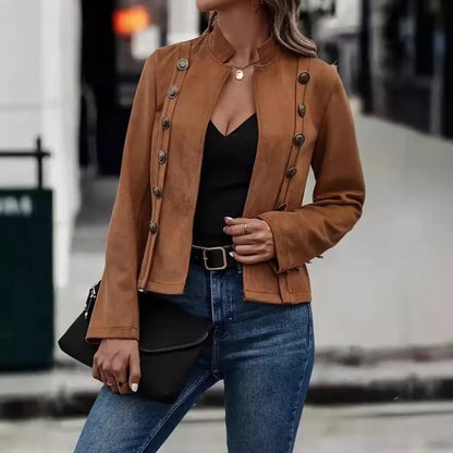 Women's Double-Breasted Blazer Coat – Stand Collar, Slim Fit, Long Sleeves Retro Jacket for Spring & Autumn