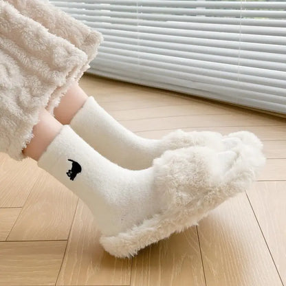 Cartoon Cow Mink Velvet Socks — Cute Cloud Plush Medium Tube Winter Socks for Women, Soft Indoor Stockings
