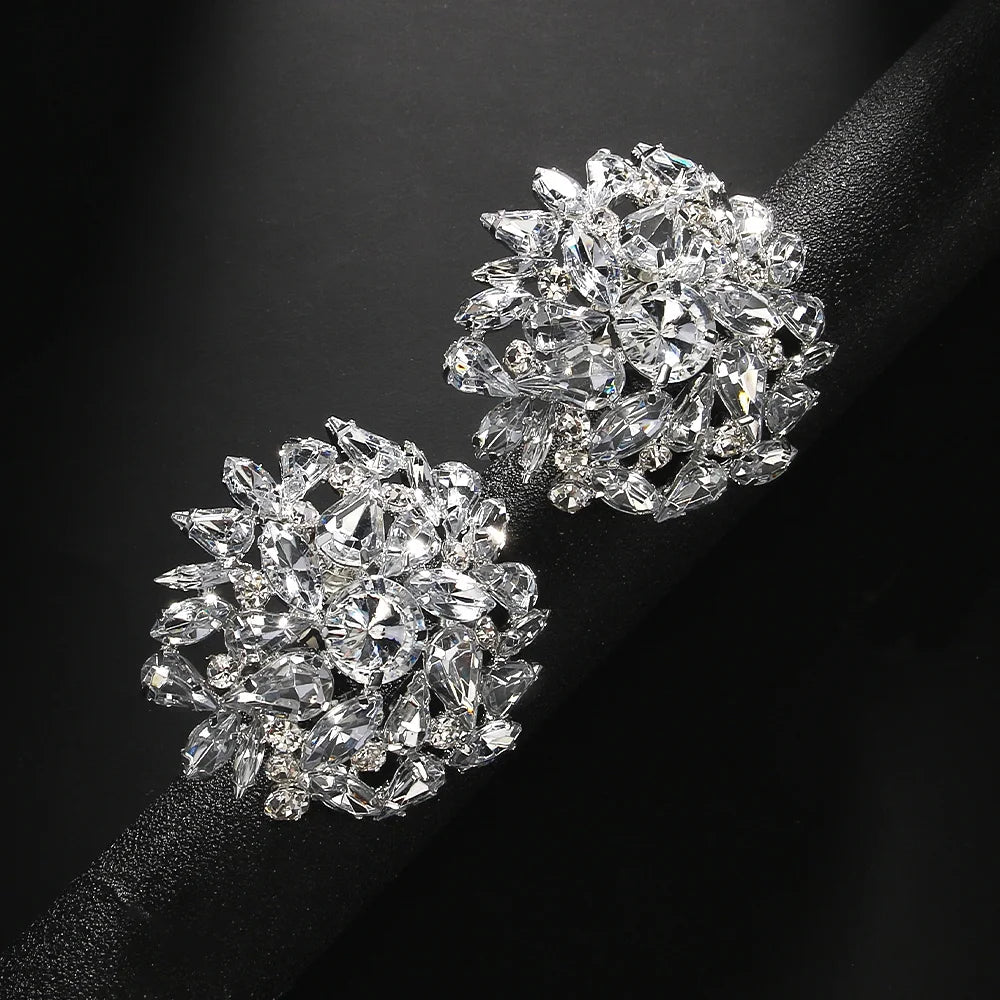 Fashion Round Clip Earrings – Geometric Bling Wedding Jewelry for Women, Rhinestone Clip-On Earrings, No Piercing Christmas Gift