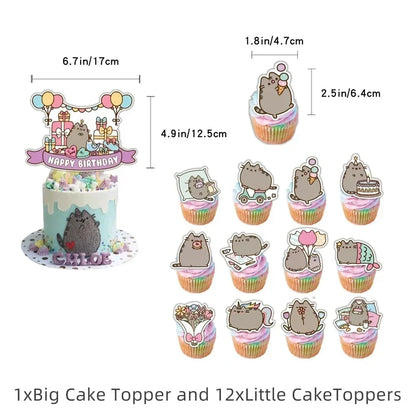 Pusheen Cat Birthday Party Decorations - Cartoon Pet Theme Balloons, Banner, Backdrop, Cake Topper, and Baby Shower Stickers