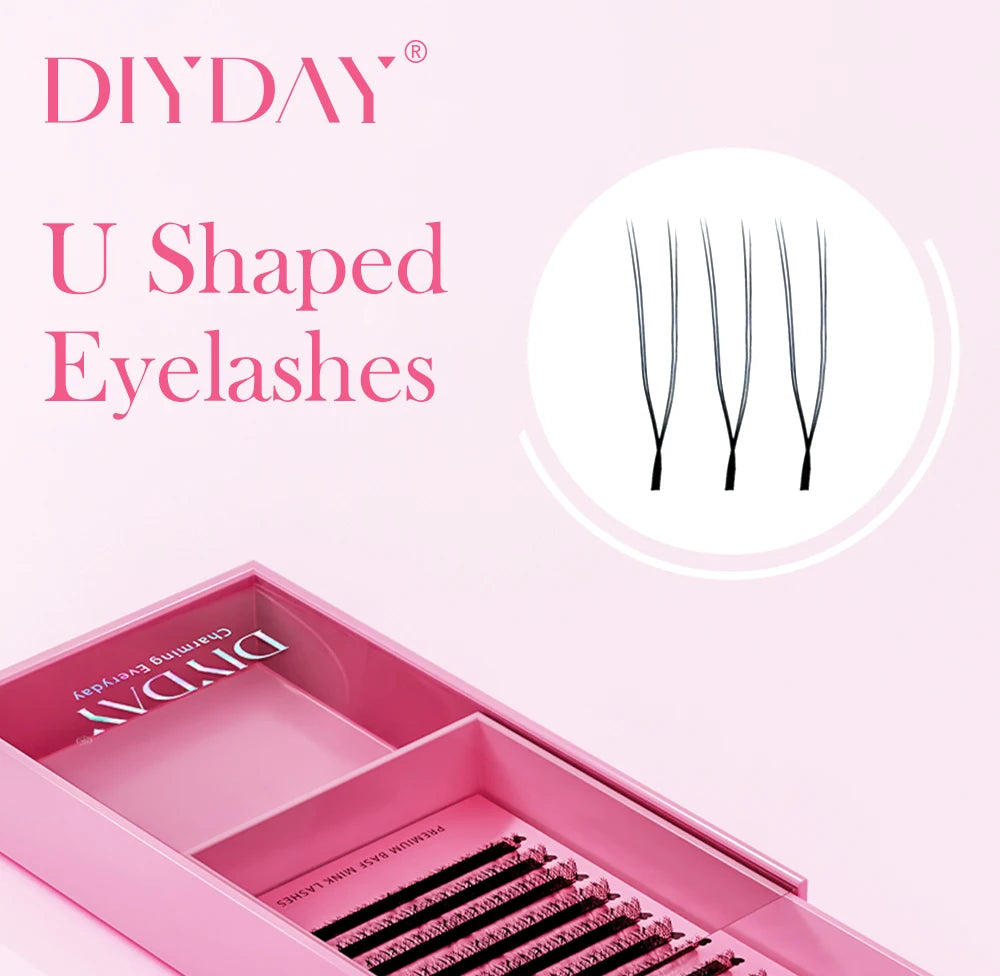 DIYDAY U-Shaped 3D Volume Eyelash Extensions — Easy-Apply Natural Wispy U YY Shape Faux Mink Lashes for Makeup
