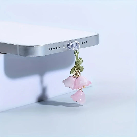 Pink Lily Flower Phone Charm - Cute Green Leaf Dust Plug Accessory for iPhone & Type-C Charging Ports