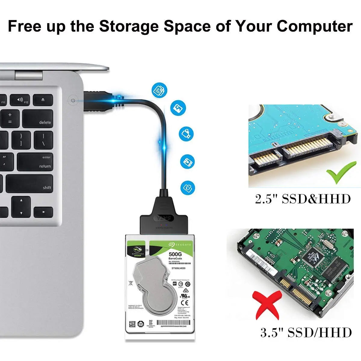 USB 3.1/2.0 SATA to USB Cable – USB 3.0 to SATA III Hard Disk Adapter, Compatible with 2.5-inch HDD and SSD, UASP Support