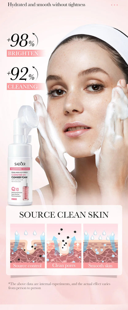 SAODER Q10 & Vitamin C Facial Cleanser — Moisturizing Brightening Face Wash Foam for Gentle Skin Cleansing