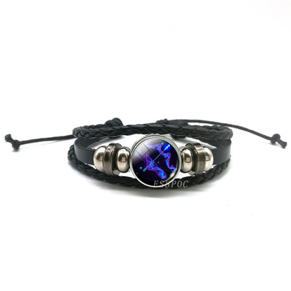 Men’s Zodiac Sign Leather Bracelet | 12 Constellation Black Braided Wrap | Punk Style Multilayer Bracelet for Birthday Gifts