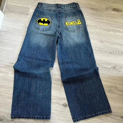Harajuku Hip Hop Cartoon Embroidered Blue Baggy Jeans – Y2K Low Waist Wide Leg Pants for Men & Women