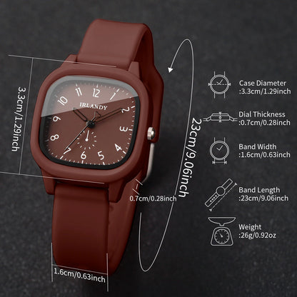 2PCS Women’s Quartz Watch & Heart Bracelet Set - Arabic Dial Square Silicone Strap Wristwatch