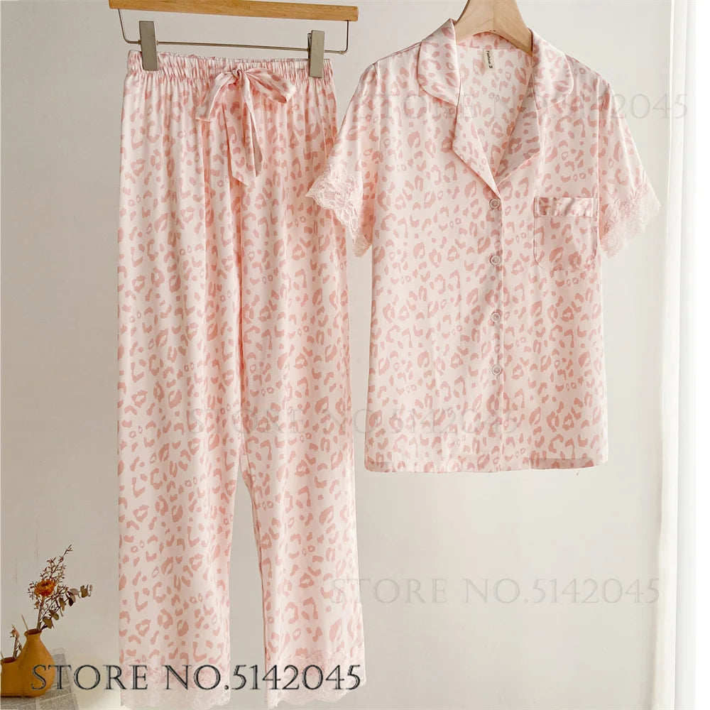 Fashion Floral Print Satin Pajamas Set for Women – Spring Summer Loose Sleepwear Loungewear Homewear Suit