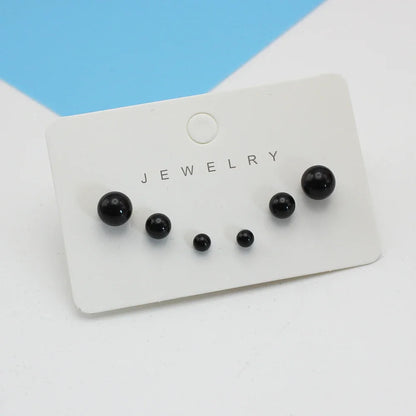Black Round Imitation Pearl Stud Earrings Set – 3 Pairs (4mm 6mm 8mm) Simple Elegant Ball Earrings for Women Fashion Jewelry Gift