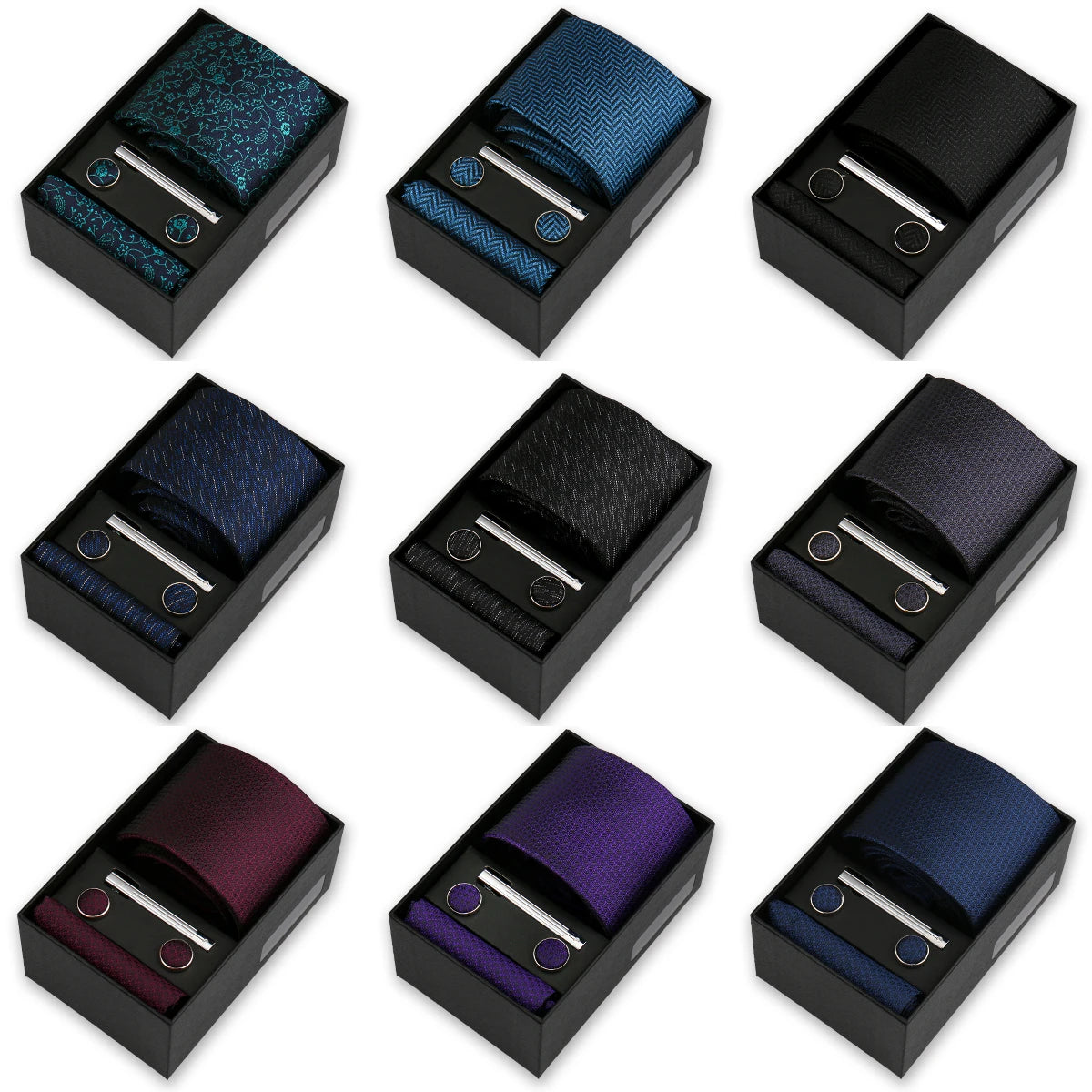 Men's Tie & Cufflink Gift Set - 8cm Necktie Handkerchief Clip Box for Formal Business Suits