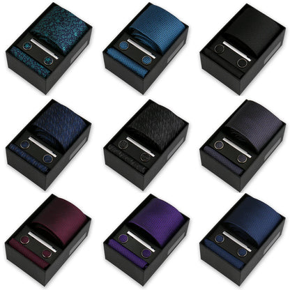 Men's Tie & Cufflink Gift Set - 8cm Necktie Handkerchief Clip Box for Formal Business Suits