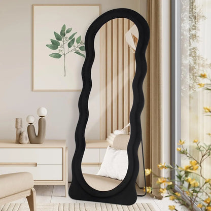 Full-Length Arched Floor Mirror – 63"x24" Wavy Full Body Mirror with Stand, Wall Mounted Leaning Milk Tea Flannel Frame