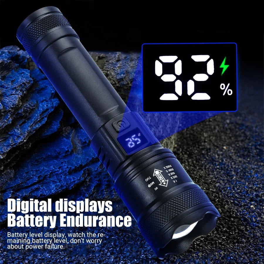 2000LM High-Power LED Tactical Flashlight – USB Rechargeable Zoom Torch with Display, Outdoor Camping, Fishing & Emergency Lantern Light for Survival Use
