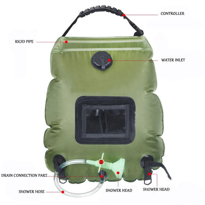 Portable 20L Outdoor Solar Camping Shower Bag - Heating Bathing Water Storage with Hose and Switchable Shower Head for Hiking and Camping