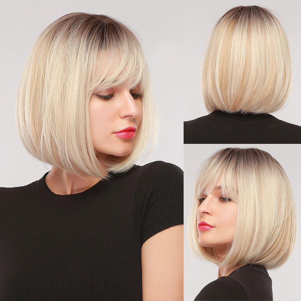 Short Bob Platinum Blonde Wig with Bangs – Synthetic Straight Hair, Heat-Resistant Wig for White Women, Daily & Party Wear