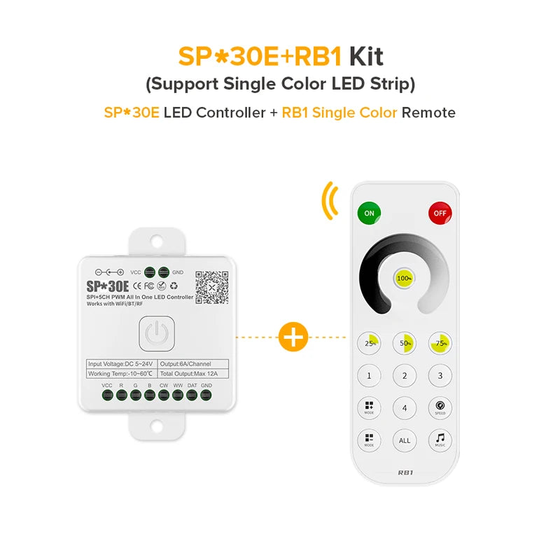 SP530E/SP630E All-in-One WiFi LED Controller, 5CH PWM SPI Pixel LED Strip Control, Compatible with WS2811 WS2812B SK6812 FCOB, Alexa & Google Home Support, Bluetooth Smart Lighting Module