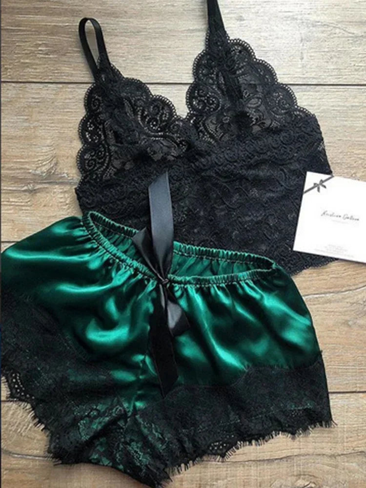 Women's Lace Babydoll Sleepwear Set - V-Neck Sleeveless Lingerie Top & Shorts