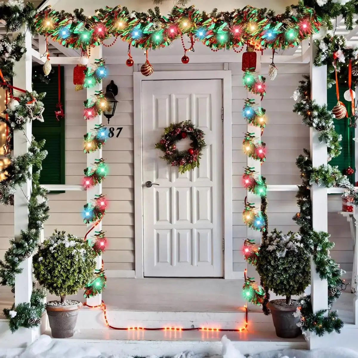 Christmas Tinsel Garland with LED Lights – Shiny Thick Garland for Tree & Home Decor