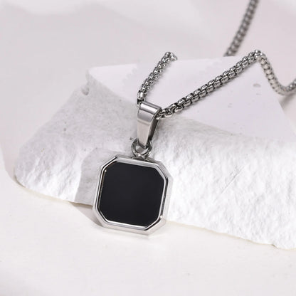 Casual Black Enamel Necklace for Men, Waterproof Stainless Steel Square Pendant, Simple Fashion Collar Jewelry Gift