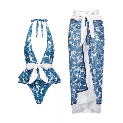 Blue One-Shoulder Ruffle Floral Monokini Swimsuit with Cover Up Sexy One Piece Beach Swimwear for Women Summer