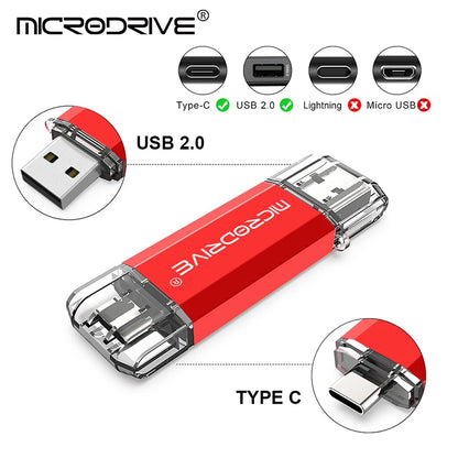 Type C OTG USB Flash Drive - High Speed USB 2.0 Memory Stick 4GB 8GB 16GB 32GB 64GB 128GB for Type-C Devices