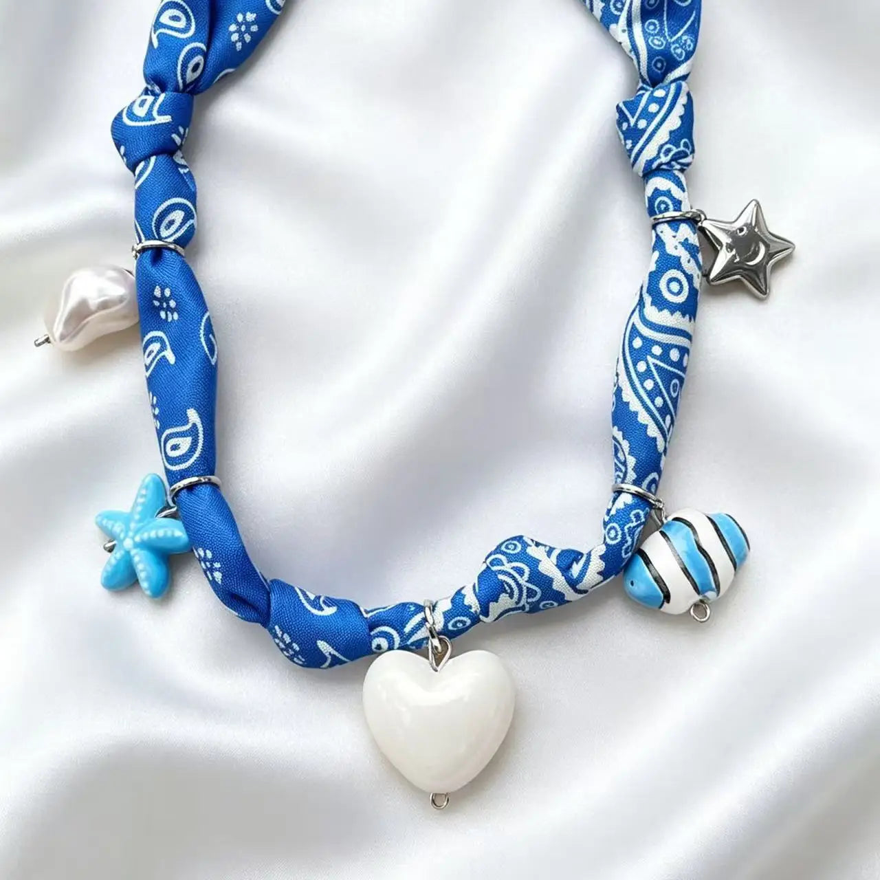 Bohemian Fabric Scarf Necklace - Sea Life, Heart & Floral Charm Pendant Vacation Jewelry Gift for Women