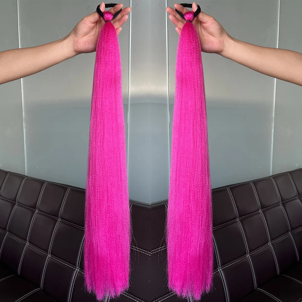 2PCS Synthetic Straight Ponytail Hair Extensions – Colorful Braiding with Elastic Hair Tie for Women