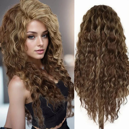 Ash Blonde Synthetic Wig – 26" Long Curly Ombre Hair, Fluffy Wave Wig for Women, Costume & Party Wig