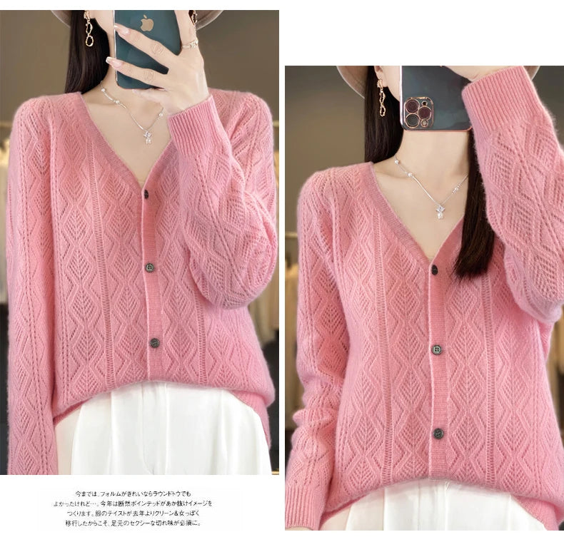 Women's 100% Wool Cashmere Cardigan – V-Neck, Super Soft, Loose Fit, Long Sleeve Knit Sweater