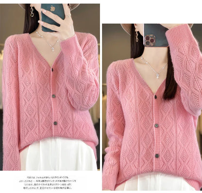 Women's 100% Wool Cashmere Cardigan – V-Neck, Super Soft, Loose Fit, Long Sleeve Knit Sweater