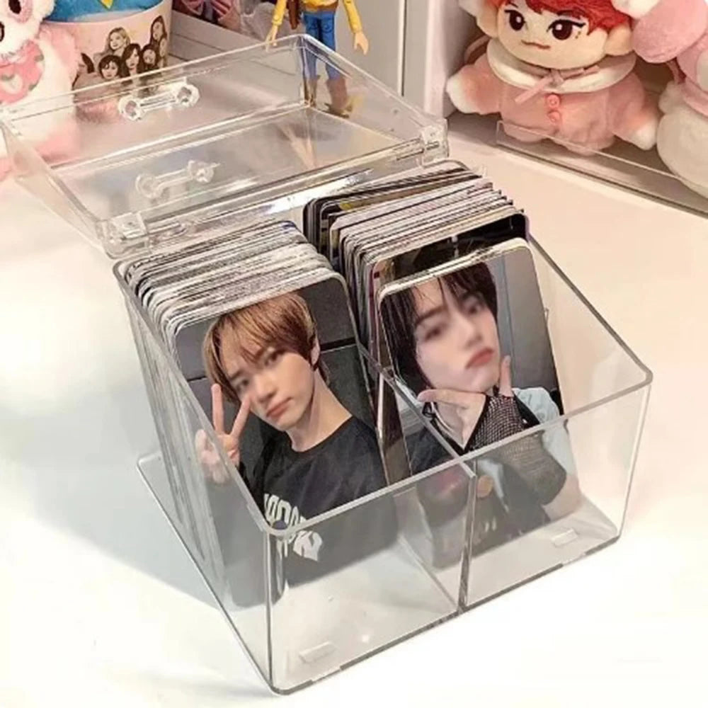 Kpop Photocard Storage Box – Transparent Acrylic Photo Card Organizer with Compartments Flip Case Protector