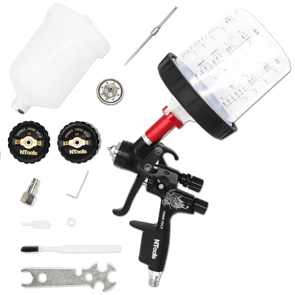 HVLP Spray Gun with Adapter & Mix Tank — 1.3mm & 1.7mm Nozzles for Car Painting, Water-Based Air Spray Gun
