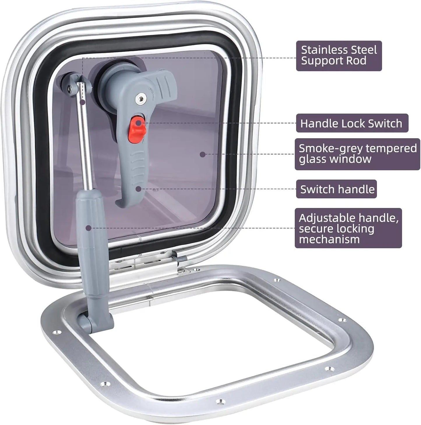 10.8"x10.8" Aluminum Alloy Boat Square Porthole | Push-Out Deck Hatch Window for Yacht & RV