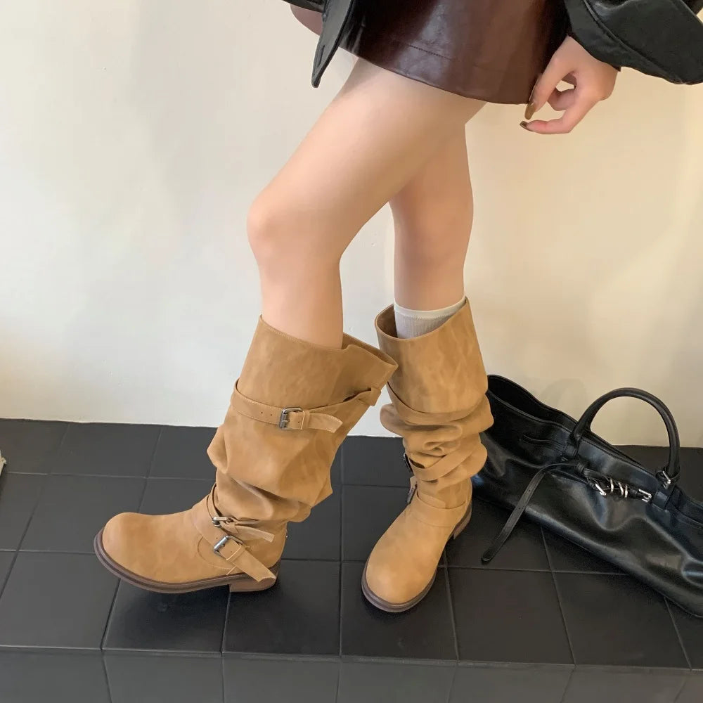 Eilyken Women’s Over-the-Knee Boots – Round Toe Punk Style with Pleated Buckle Strap, Low Square Heels for Autumn Winter