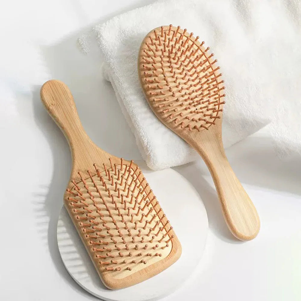 Bamboo Hair Brush with Wide Teeth & Air Bag - Smooth Scalp Massage Comb for Women Hairdressing Styling Tools