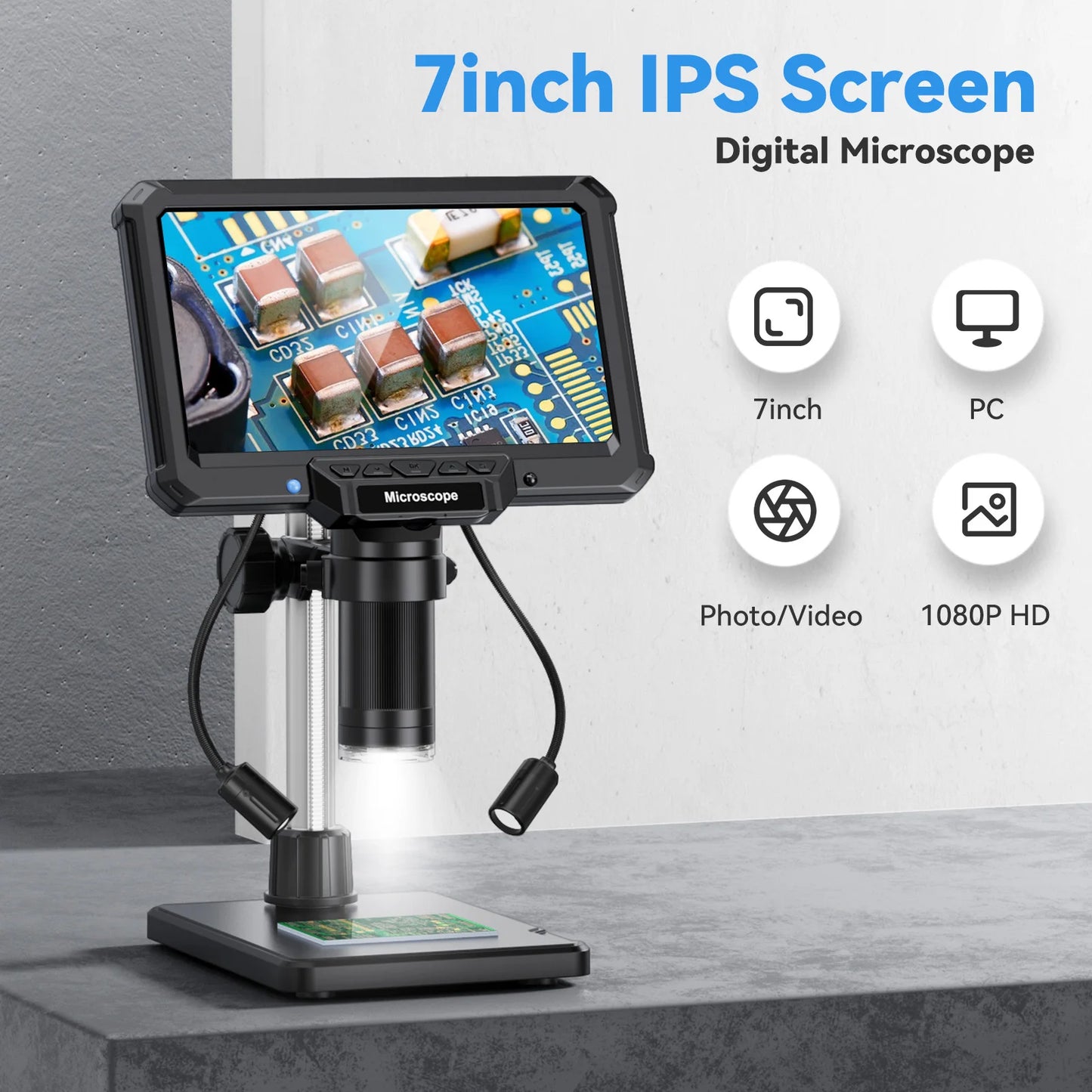 7 Inch Digital Microscope 1200X – 16MP HD Inspection Camera for PCB Repair, Coin Collecting & Soldering with LED Lights & PC View Support